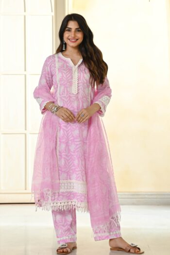 Women's Pink Cotton Embroidered and Printed Straight Kurta with Cotton Pant And Linen Cotton Laced Dupatta Sets