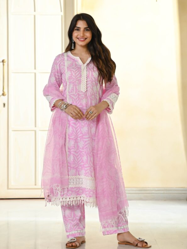 Women's Pink Cotton Embroidered and Printed Straight Kurta with Cotton Pant And Linen Cotton Laced Dupatta Sets