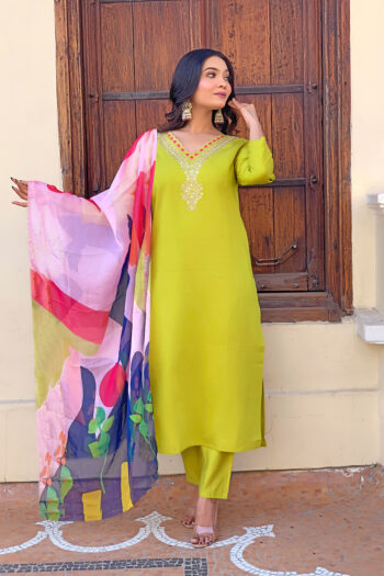 Women Embroidered Cottan Kurta With Pant And Digital Print Dupata Set