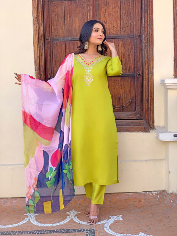 Women Embroidered Cottan Kurta With Pant And Digital Print Dupata Set