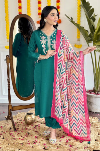 Women's  Viscose Chanderi Embroidered Straight Kurta with Viscose Pant And Pure Linen Dupatta Sets