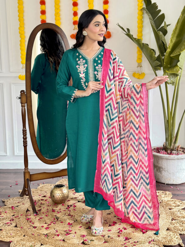 Women's  Viscose Chanderi Embroidered Straight Kurta with Viscose Pant And Pure Linen Dupatta Sets