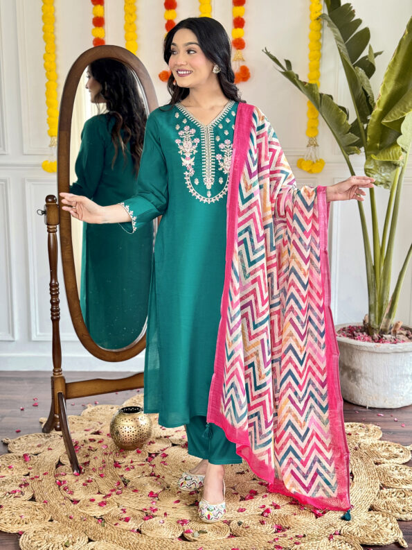 Women's  Viscose Chanderi Embroidered Straight Kurta with Viscose Pant And Pure Linen Dupatta Sets