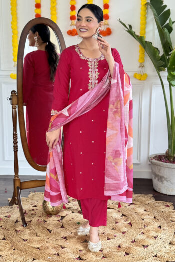 Women's  Viscose Chanderi Embroidered Straight Kurta with Viscose Pant And Pure Linen Dupatta Sets