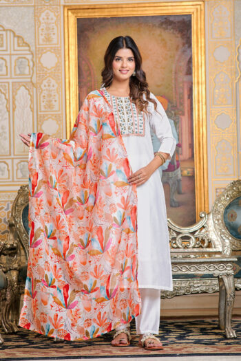 Women Chanderi  Kurta With Pant And Digital Print Dupata Set