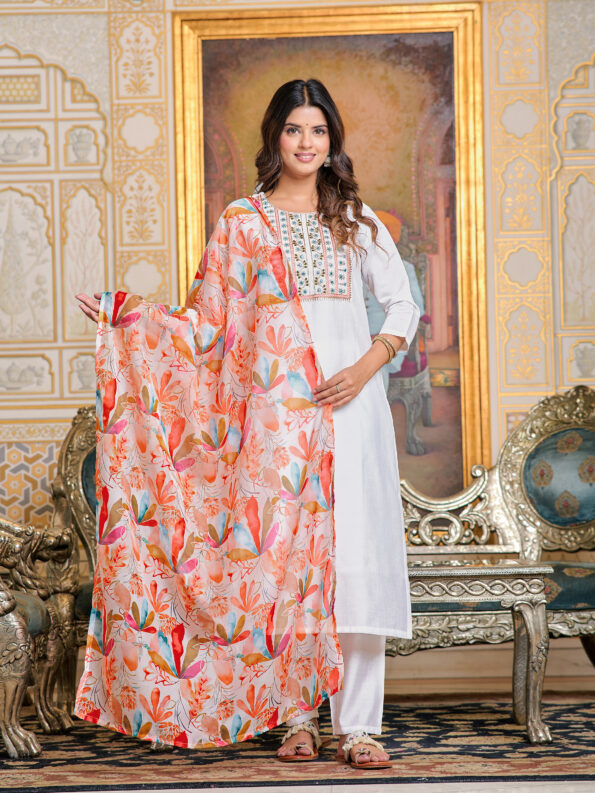 Women Chanderi  Kurta With Pant And Digital Print Dupata Set