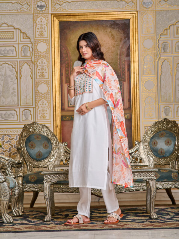 Women Chanderi  Kurta With Pant And Digital Print Dupata Set