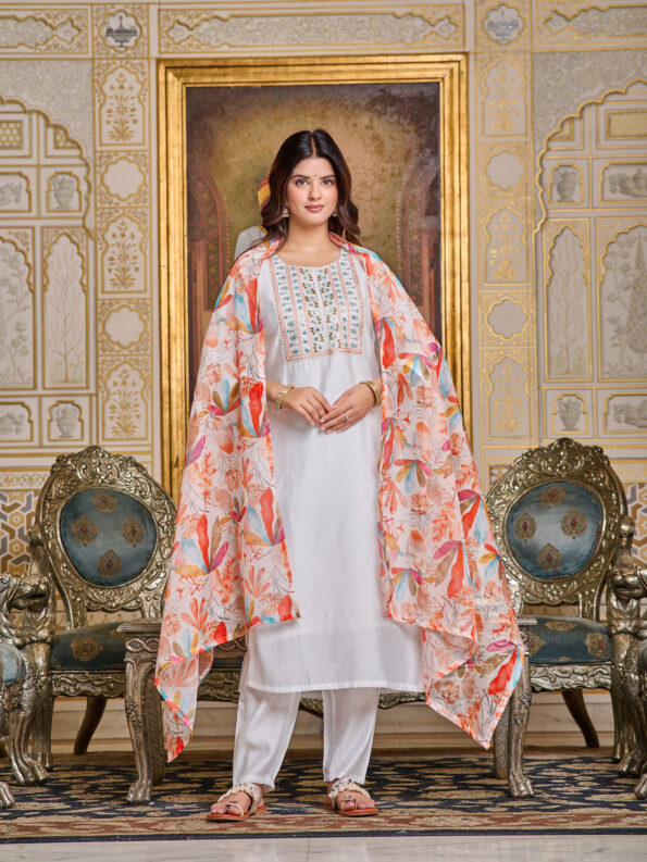 Women Chanderi  Kurta With Pant And Digital Print Dupata Set