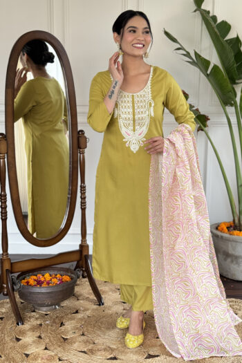 Women's Liril & Petrol Slub Magic Embroidered Straight Kurta with Slub Magic Pant And  Dupatta Sets