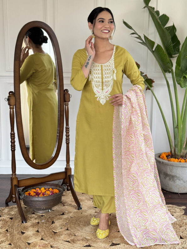 Women's Liril & Petrol Slub Magic Embroidered Straight Kurta with Slub Magic Pant And  Dupatta Sets