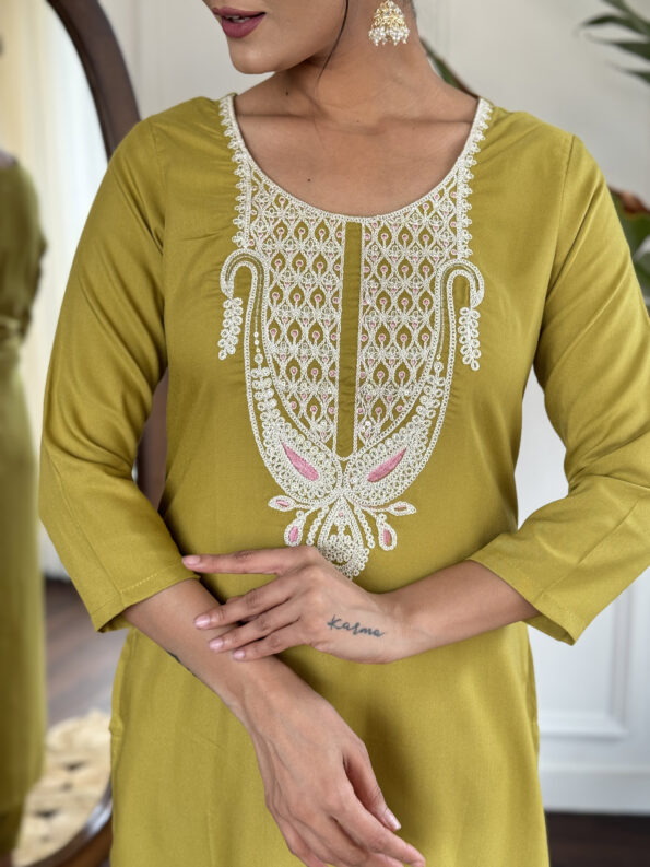 Women's Liril & Petrol Slub Magic Embroidered Straight Kurta with Slub Magic Pant And  Dupatta Sets