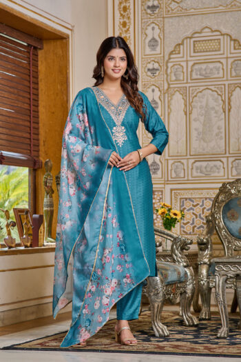 Women Embroidered Viscose Rayon Kurta With Pant And Digital Print Dupata Set