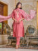 Women Embroidered Chanderi Kurta With Pant And Dupata Set