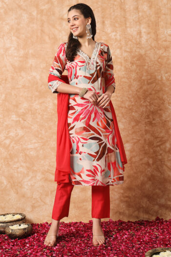 Women's Rayon Printed & V-Neck Embroidary Straight Kurta with Pant And  Dupatta Sets