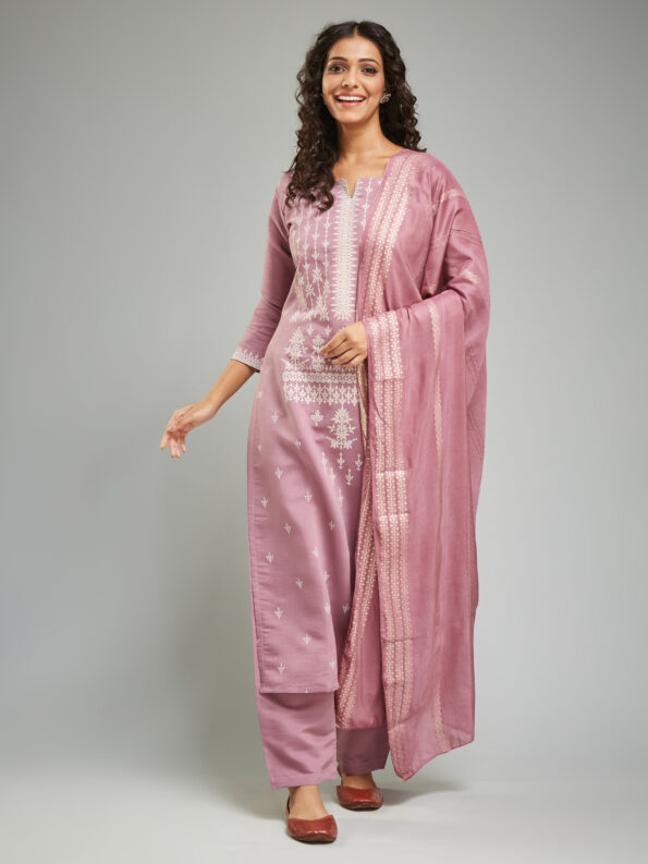 Women's Viscose Chanderi Printed Straight Kurta with Pant And  Dupatta Sets