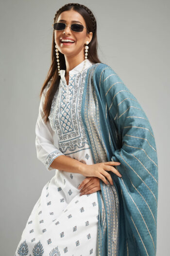 Women's Rayon Khadi Printed Straight Kurta with Pant And  Dupatta Sets