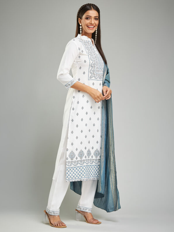 Women's Rayon Khadi Printed Straight Kurta with Pant And  Dupatta Sets