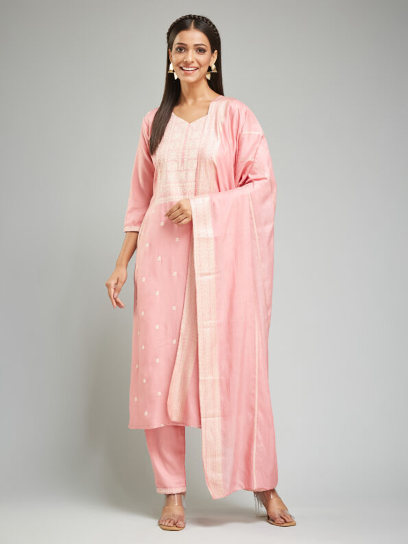 Women's Rayon Khadi Printed Straight Kurta with Pant And  Dupatta Sets