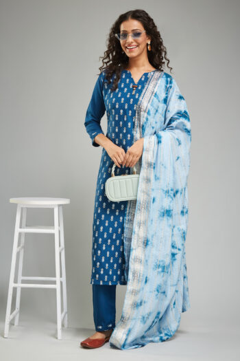 Women's Rayon Khadi Printed Straight Kurta with Pant And  Dupatta Sets