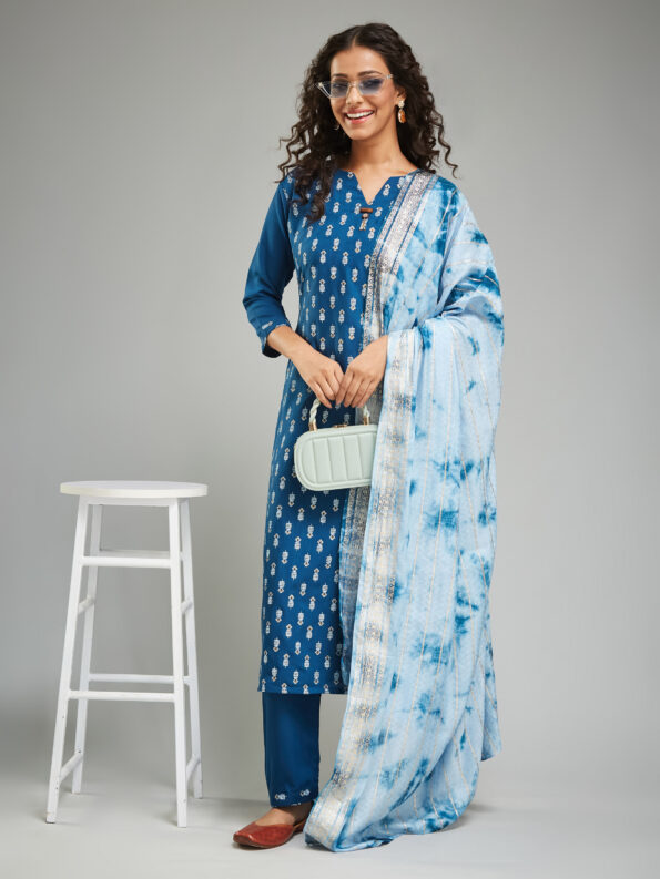 Women's Rayon Khadi Printed Straight Kurta with Pant And  Dupatta Sets