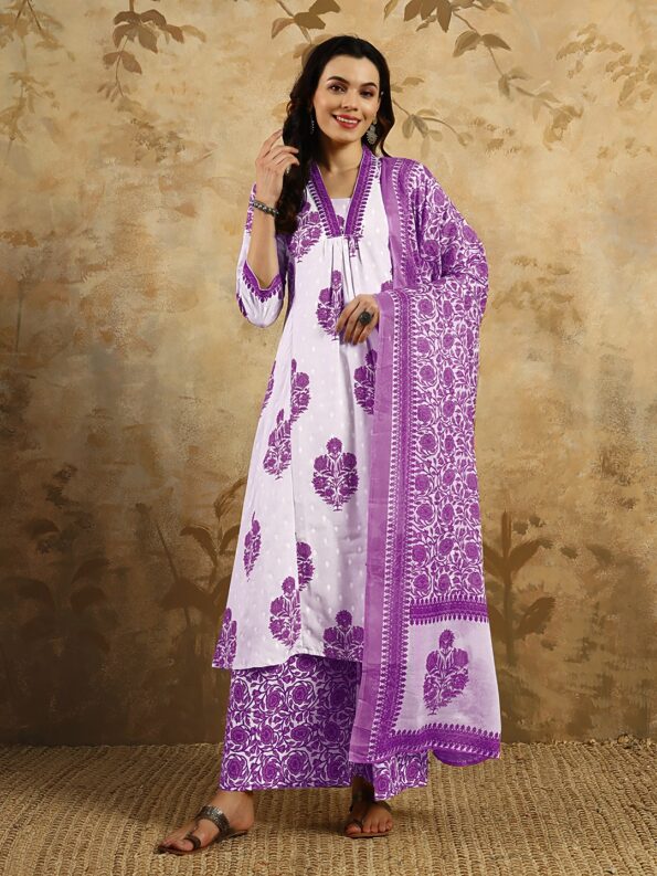 Women's Cottan Blend Printed Straight Kurta with Pant And  Dupatta Sets