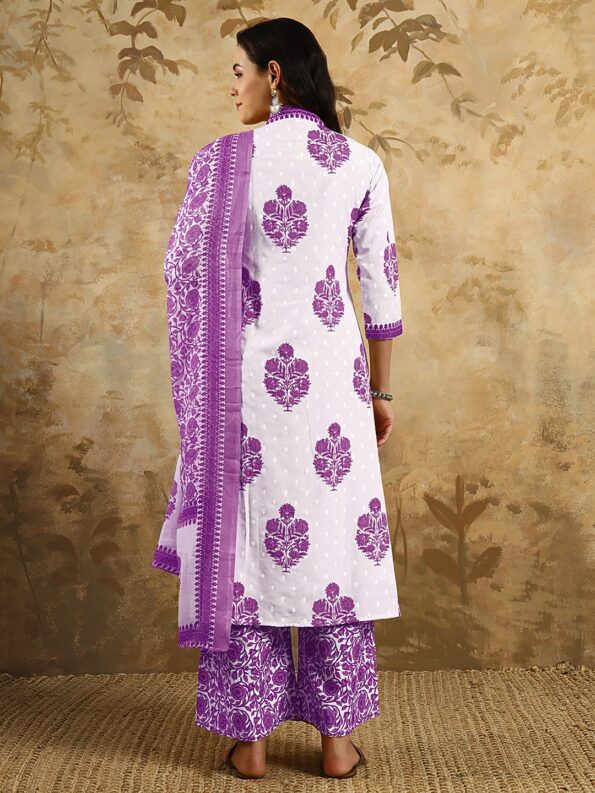 Women's Cottan Blend Printed Straight Kurta with Pant And  Dupatta Sets