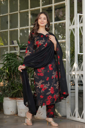 Women's Silk Blend Printed Straight Kurta with Pant And  Dupatta Sets