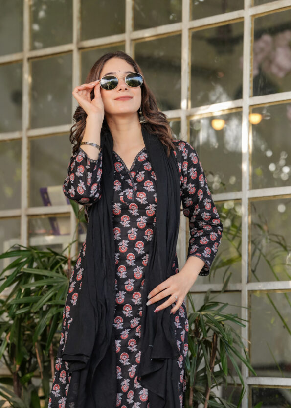 Women's Pure Cotton Printed Straight Kurta with Pant And  Dupatta Sets