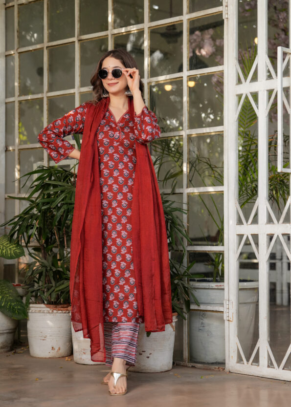 Women's Pure Cotton Printed Straight Kurta with Pant And  Dupatta Sets