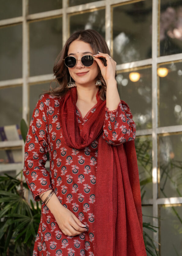 Women's Pure Cotton Printed Straight Kurta with Pant And  Dupatta Sets