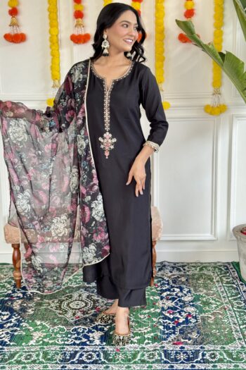 Women's Black Rayon Slub Embroidered Straight Kurta with Rayon Slub Pant And Silk Printed Dupatta Sets