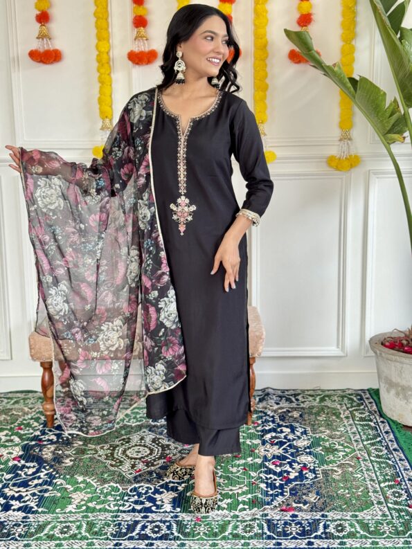 Women's Black Rayon Slub Embroidered Straight Kurta with Rayon Slub Pant And Silk Printed Dupatta Sets