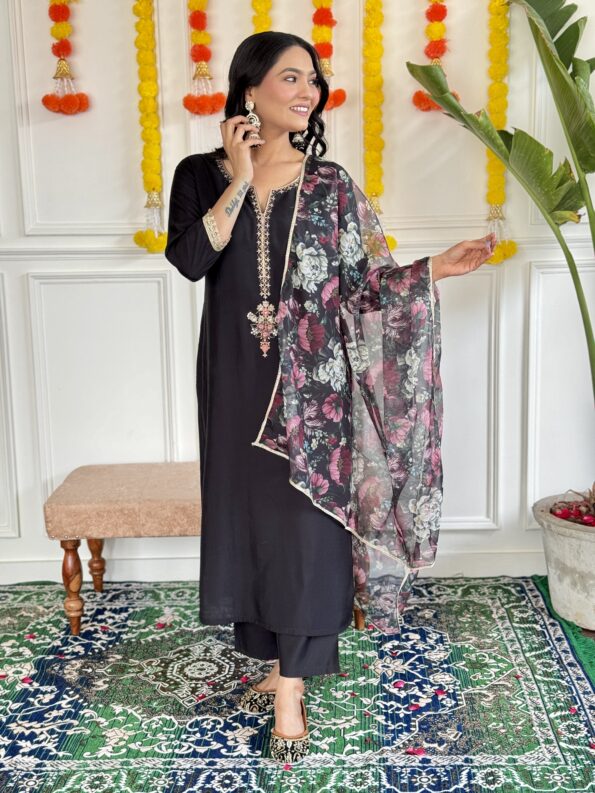 Women's Black Rayon Slub Embroidered Straight Kurta with Rayon Slub Pant And Silk Printed Dupatta Sets