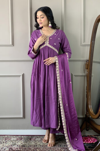 Women's Purple BSY Viscose Embroidered Flared Kurta with Pant And Chinon Laced Dupatta Sets