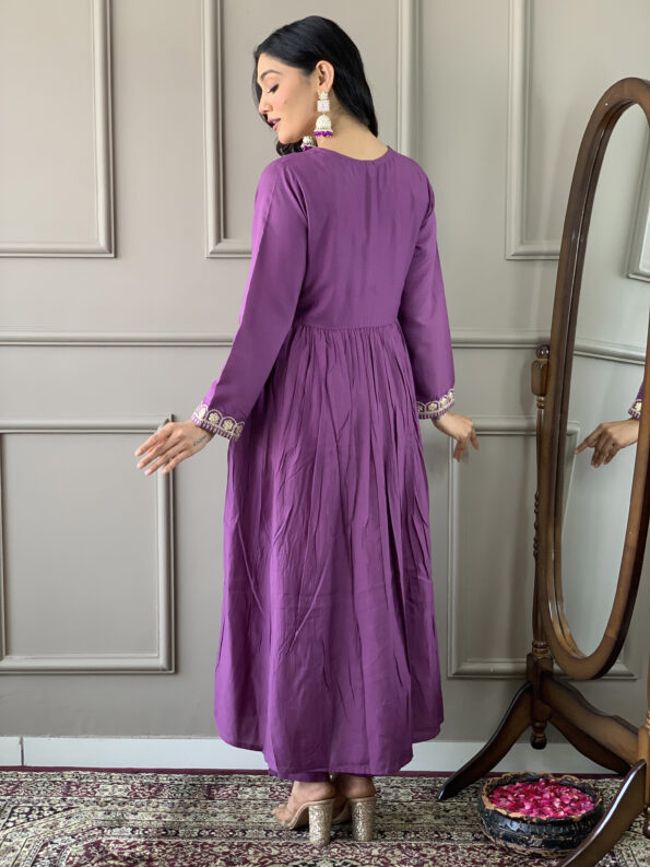 Women's Purple BSY Viscose Embroidered Flared Kurta with Pant And Chinon Laced Dupatta Sets