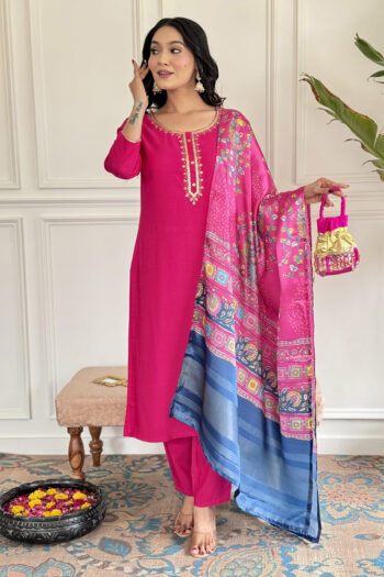 Women's Gajri Viscose Embroidered Straight Kurta with Viscose Pant And Jacquard Printed Dupatta Sets