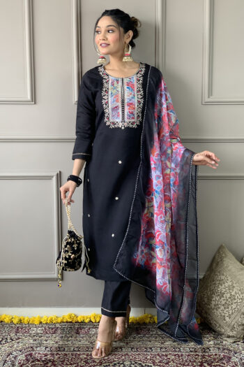 Women's Black Rayon Slub Embroidered Straight Kurta with Rayon Slub Pant And Organza Printed Dupatta Sets