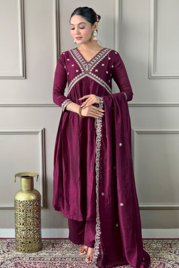 Women's Wine Vichitra Silk Embroidered Flared Kurta with Viscose Silk Pant And Chinon Embroidered Laced Dupatta Sets