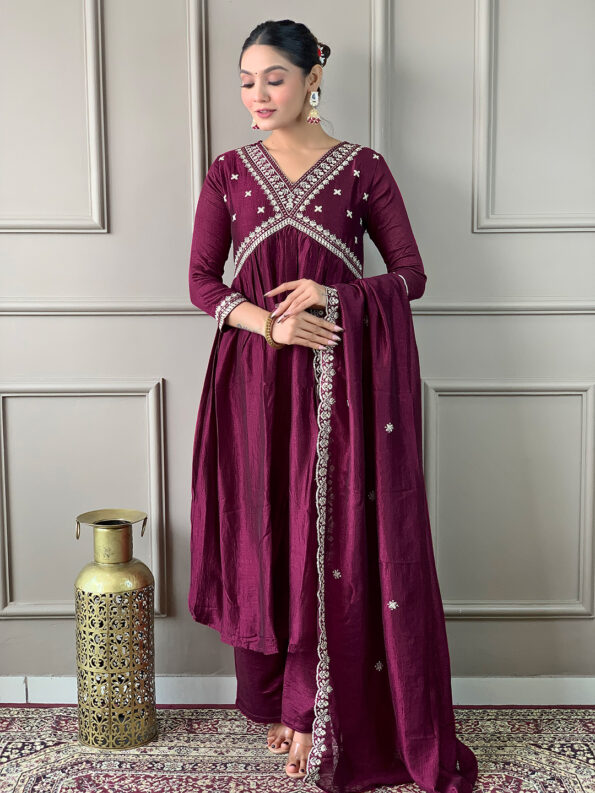 Women's Wine Vichitra Silk Embroidered Flared Kurta with Viscose Silk Pant And Chinon Embroidered Laced Dupatta Sets