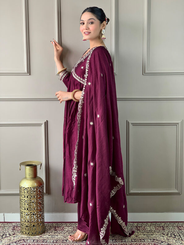 Women's Wine Vichitra Silk Embroidered Flared Kurta with Viscose Silk Pant And Chinon Embroidered Laced Dupatta Sets