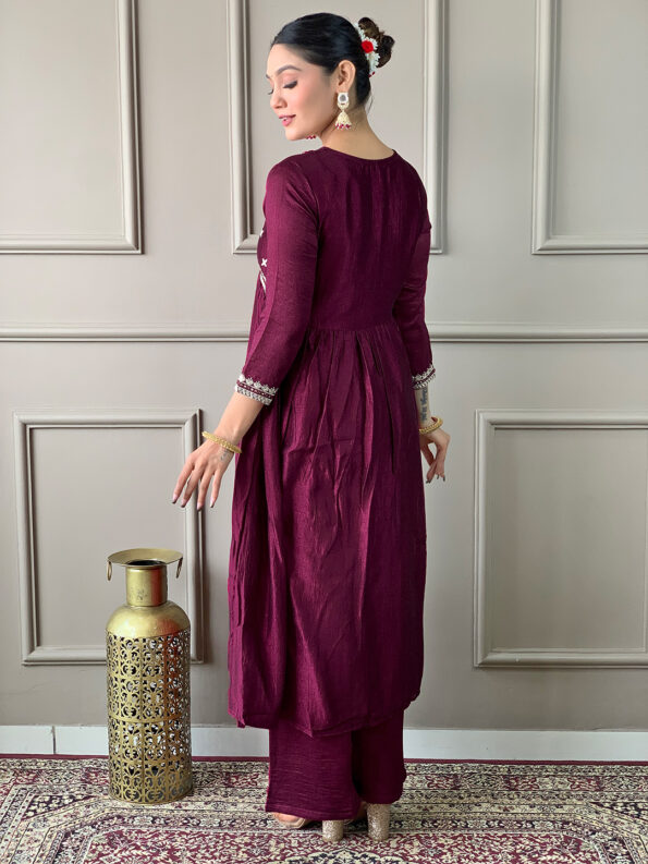 Women's Wine Vichitra Silk Embroidered Flared Kurta with Viscose Silk Pant And Chinon Embroidered Laced Dupatta Sets