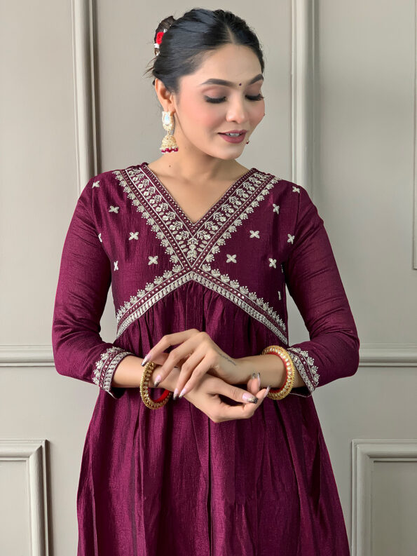 Women's Wine Vichitra Silk Embroidered Flared Kurta with Viscose Silk Pant And Chinon Embroidered Laced Dupatta Sets