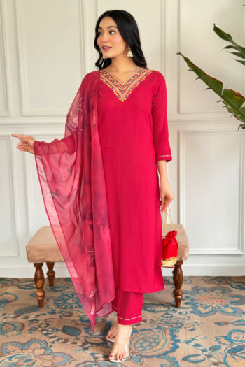 Women's Red Rayon Embroidered Straight Kurta with Rayon Pant And Silk Printed Dupatta Sets