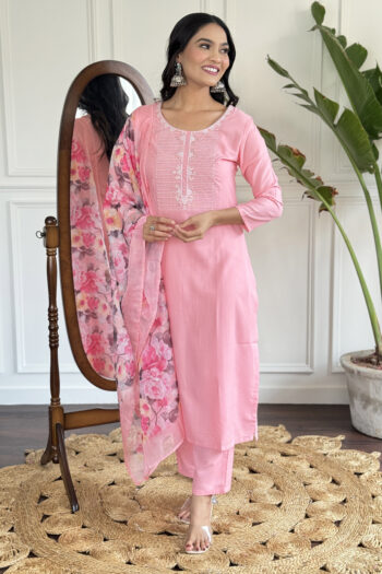 Women's Pink Rayon Slub Embroidered Straight Kurta with Rayon Slub Pant And Silk Printed Dupatta Sets