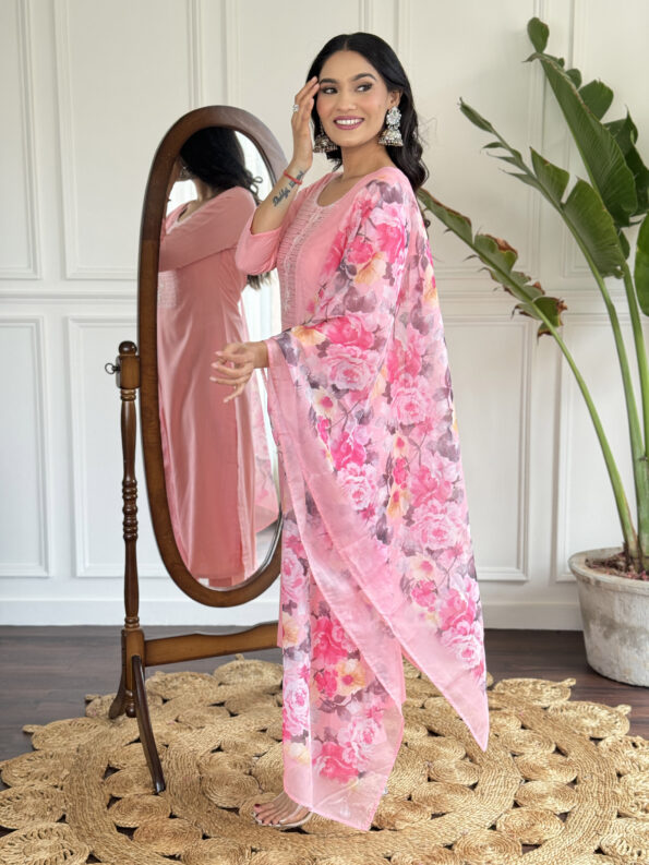 Women's Pink Rayon Slub Embroidered Straight Kurta with Rayon Slub Pant And Silk Printed Dupatta Sets