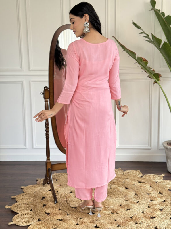 Women's Pink Rayon Slub Embroidered Straight Kurta with Rayon Slub Pant And Silk Printed Dupatta Sets