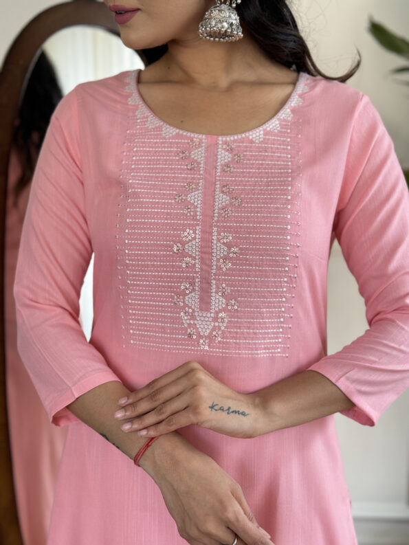 Women's Pink Rayon Slub Embroidered Straight Kurta with Rayon Slub Pant And Silk Printed Dupatta Sets