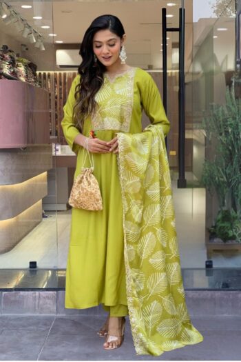 Women's Lemon Yellow BSY Viscose Embroidered Straight Kurta with BSY Viscose Pant And French Crepe Embroidered Laced Dupatta Sets