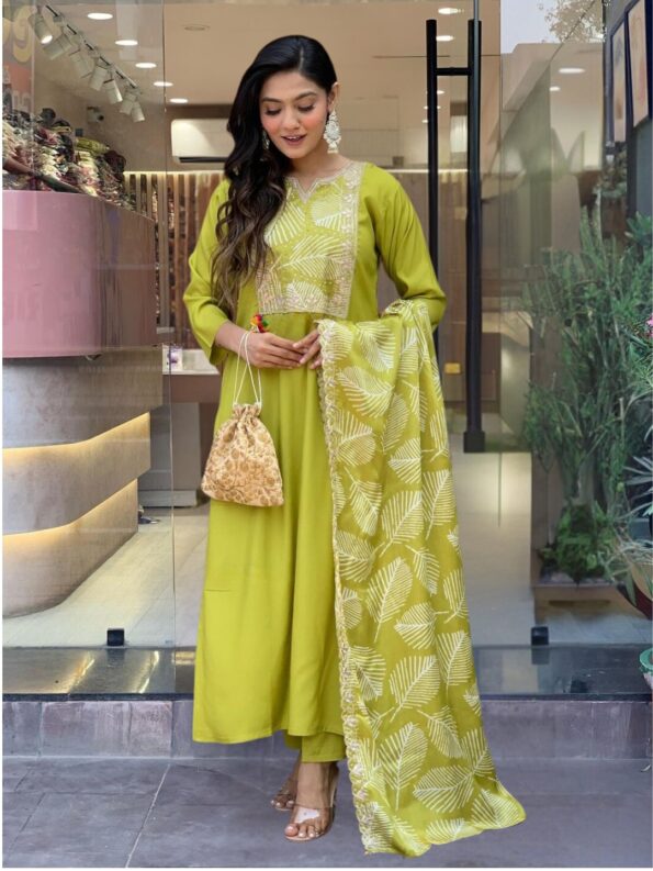 Women's Lemon Yellow BSY Viscose Embroidered Straight Kurta with BSY Viscose Pant And French Crepe Embroidered Laced Dupatta Sets