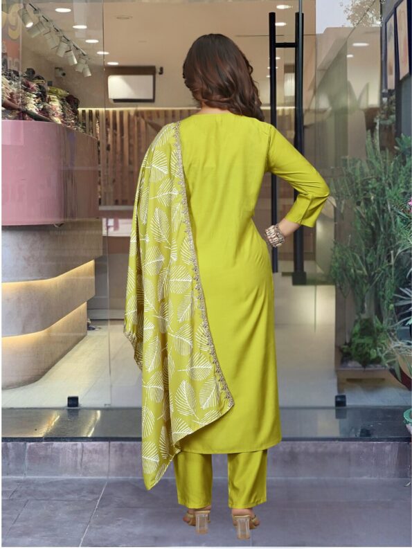 Women's Lemon Yellow BSY Viscose Embroidered Straight Kurta with BSY Viscose Pant And French Crepe Embroidered Laced Dupatta Sets